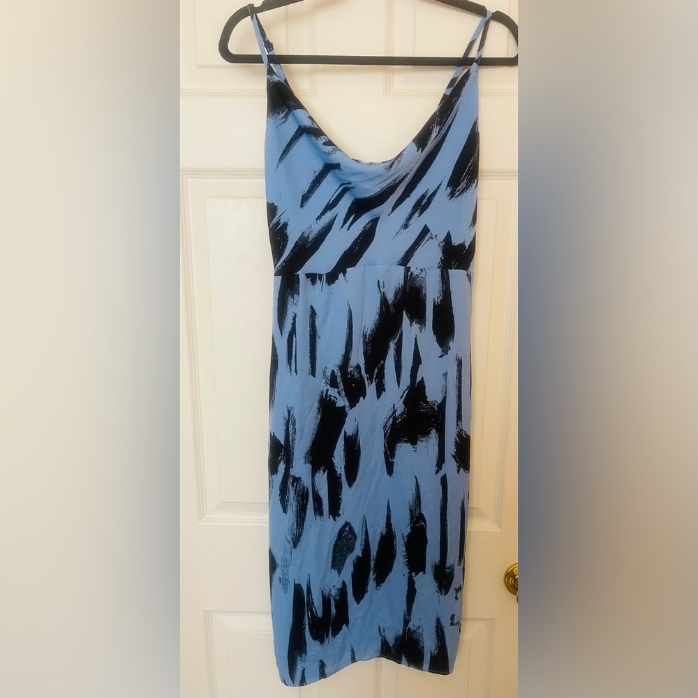 Blue Dress-Brushstroke Print Satin